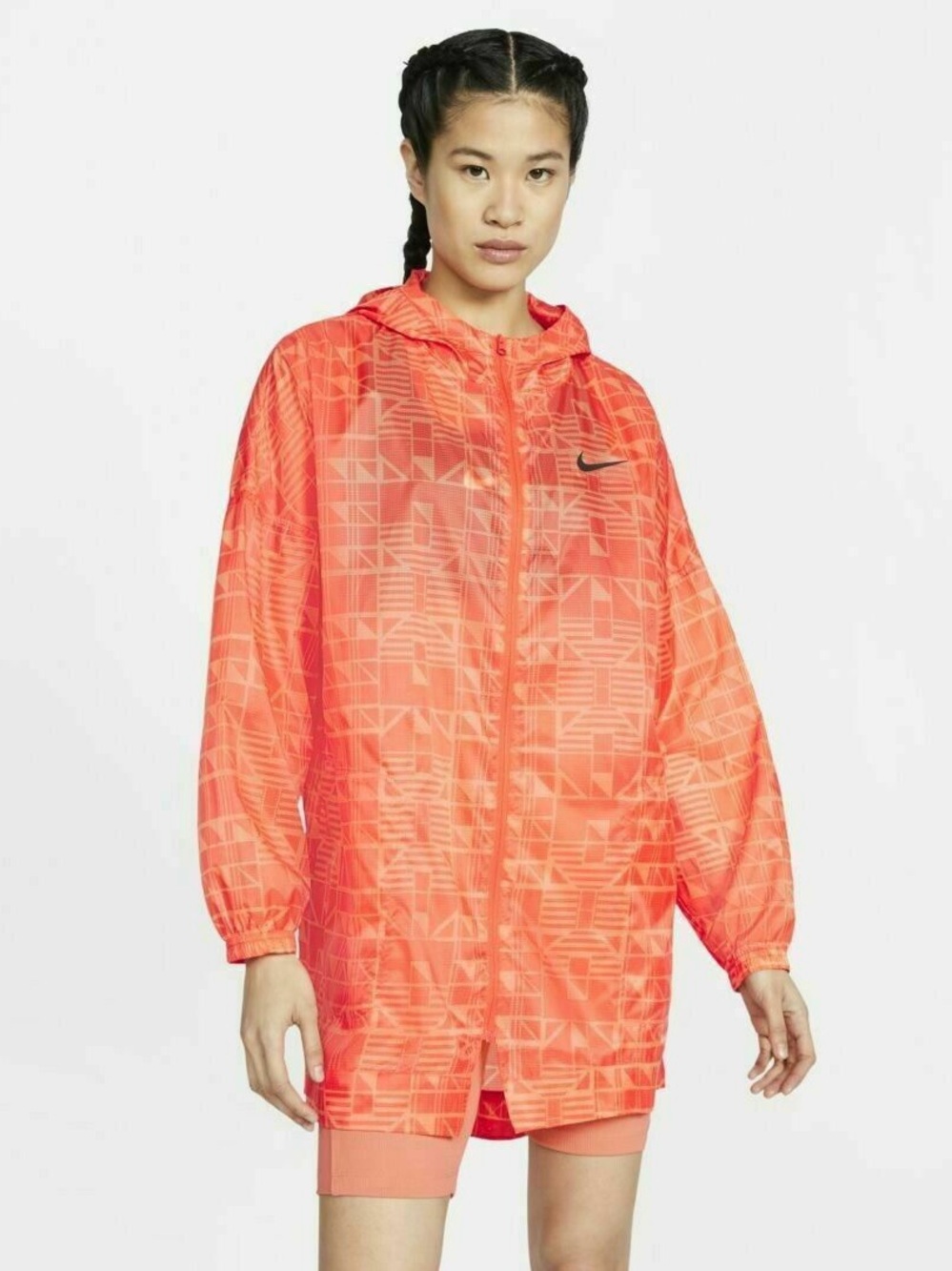 Nike orange long tail lightweight zip jacket w hood